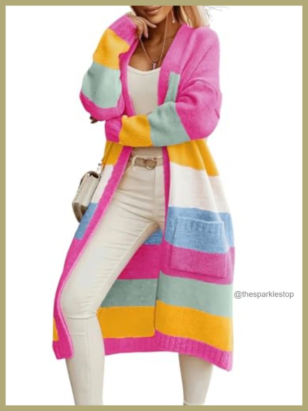 Striped Knit Cardigan Color Block Open Front Mid Long Sweater Coatigan